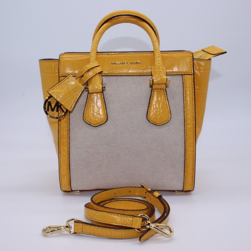 Michael Kors Small SATCHEL Shoulder Bag Purse Canvas w/Sun Yellow Crocodile Trim